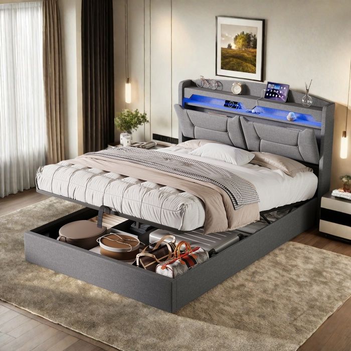 Lit 140x200CM - avec LED et 2prises/USB/ Type-C - Lit Coffre avec Rangement et Tete de Lit - Sommier à Lattes - 2 Personnes - Lin