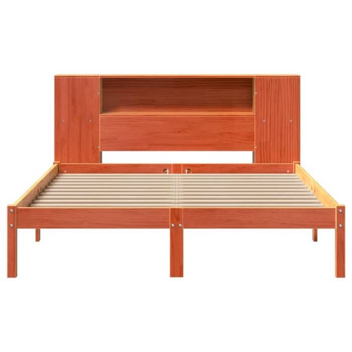 Lit bibliothèque en pin massif - UU - 140x190 cm - Cire marron - Sommier à lattes - Tête de lit avec rangement