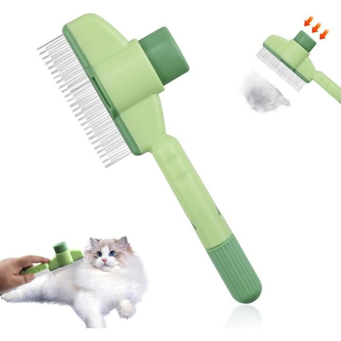 Peigne pour chat peigne autonettoyant pour animaux de compagnie avec un bouton pour un retrait rapide des poils morts (vert). .