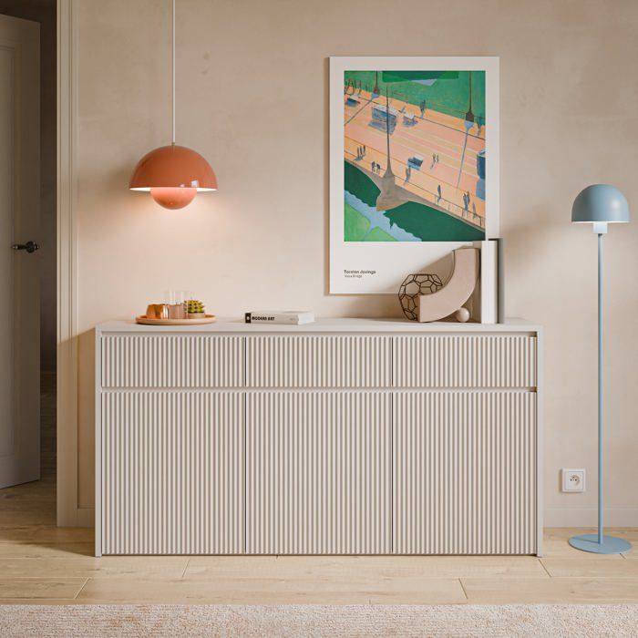 Buffet 3 portes – VEMMI– 3 tiroirs – Gris cachemire – 155 cm