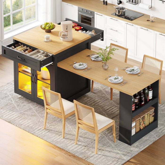 Table à Manger Extensible avec LED et 2 Tiroirs Îlot de Cuisine avec Rangement et étagères Réglables Table de Bar Buffet Noir
