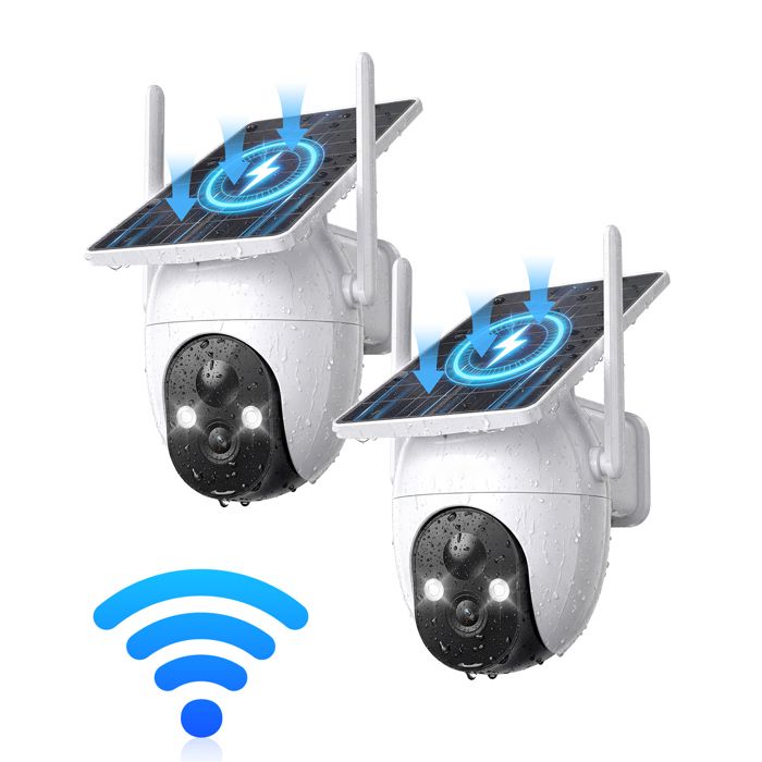 2Pcs Caméra Surveillance Solaire Extérieur Sans Fil Elephas® 2K HD 3MP WiFi 2.4G/5G Détection PIR IP65 Compatible Alexa