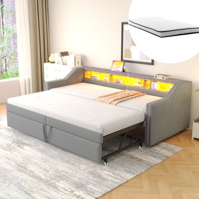 Canapé‑lit convertible - Extractible 214x102x74 cm - Couchage 180x200 cm - 2 matelas 90x200 ressorts - Rangement USB