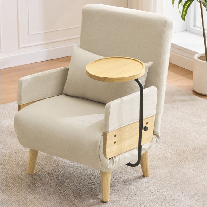 Fauteuil convertible 1 place avec dossier inclinable 6 positions - BEAUNIV - plateau en bois pivotant lin beige