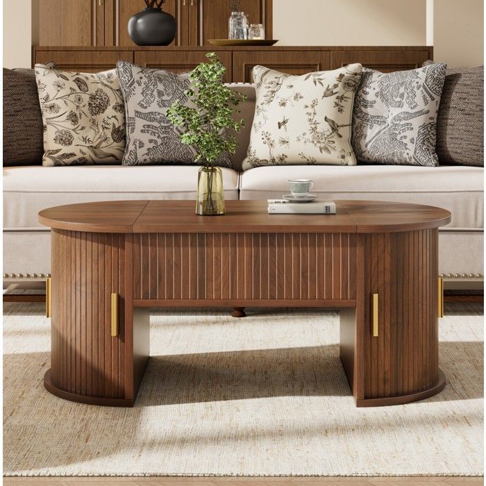Table basse relevable ovale avec 2 portes coulissantes et étagères ouvertes - ELVMI - Salon MDF Noyer 100×50×40 5 cm