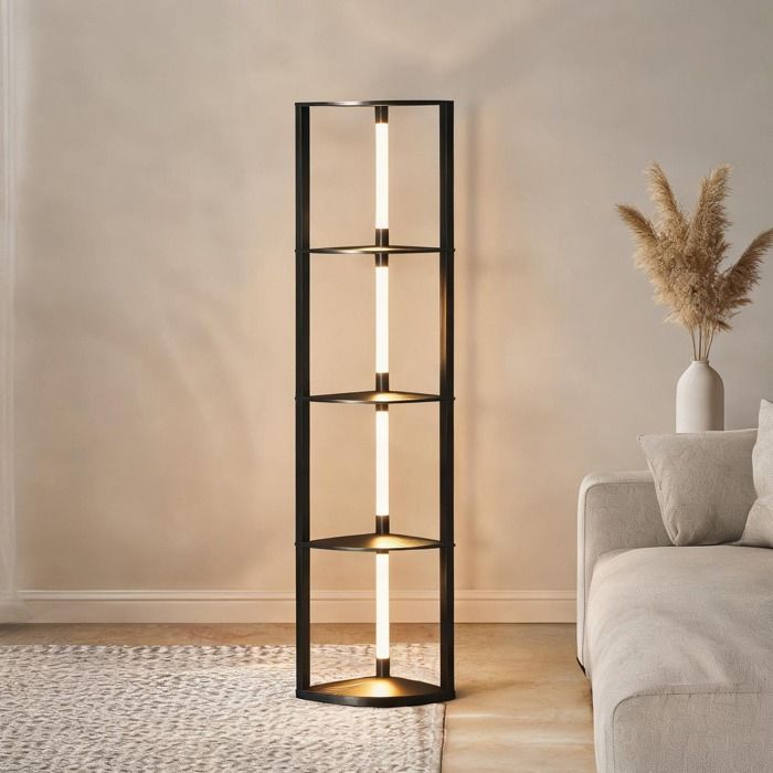 Lampadaire colonne noir avec 4 étagères dangle LED dimmable 3000K 41x29 5x163 5 cm
