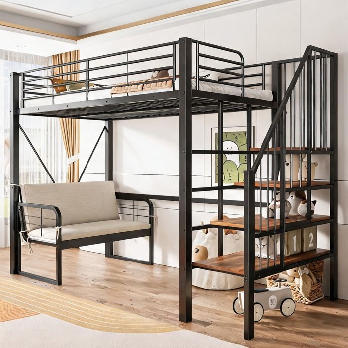 Lit superposé 90x200 cm en métal noir avec canapé convertible escalier de rangement et panneaux bois