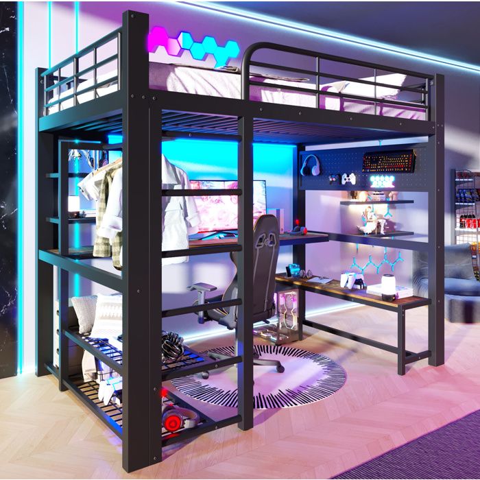 Lit Mezzanine 140x200 En Métal Noir Lit Surélevé Avec Bureau FloraGrace Pour Chambre Ado Avec LED Et Rangements 204x145x180cm