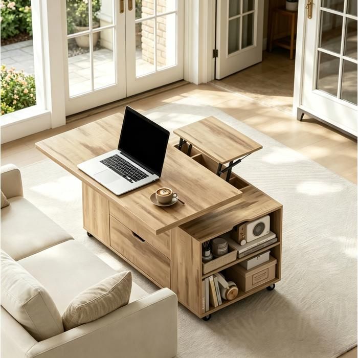 MEUBLIV Table basse relevable avec roulettes verrouillables 1 tiroir rangement intégré chêne clair
