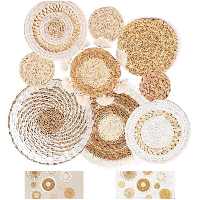 Lot de 9 Paniers Muraux Bohèmes Étagère Rangement Jonc de Mer Rotin Décoration Murale Salon Chambre