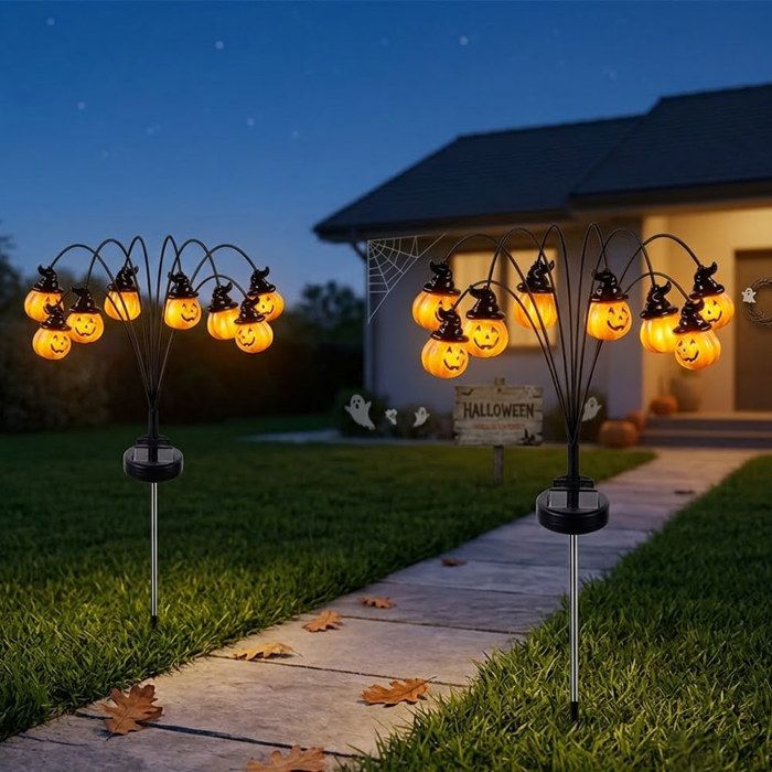 Halloween Lampe Solaire Exterieur Jardin 2 Pièces LED Lumières de Citrouille Étanche IP65 Éclairage de chemin pour Terrasse Patio