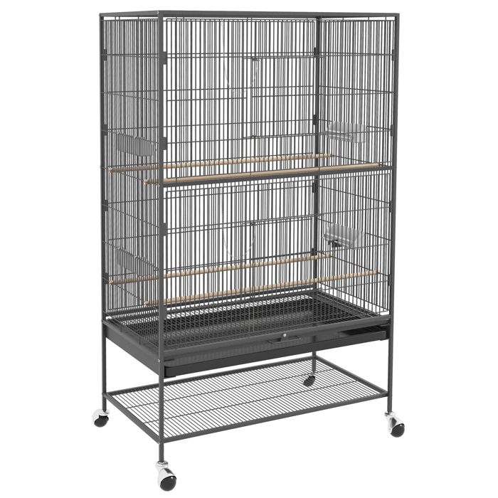 Volière pour oiseaux – cage à oiseaux grise – avec roulettes perchoirs et portes verrouillables – 94 x 57 x 153 cm