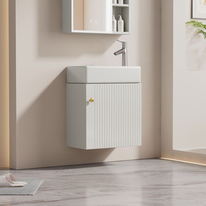 Meuble Vasque Suspendu 46 cm Lavabo Céramique Blanche Rangement Compact Blanc Laqué Salle de Bains Invités