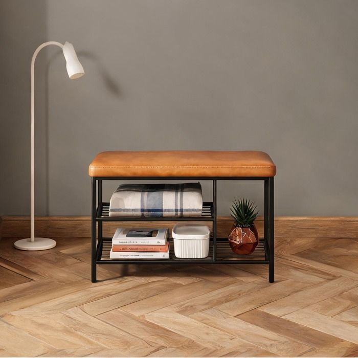 Banc de rangement compact 3 niches similicuir noir et marron structure métal 80x30x50 cm