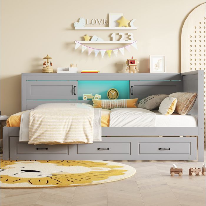 Lit enfant gris 90x200cm avec LED ambiance tiroirs coulissants USB et prise lit combiné multifonction pour chambre denfant