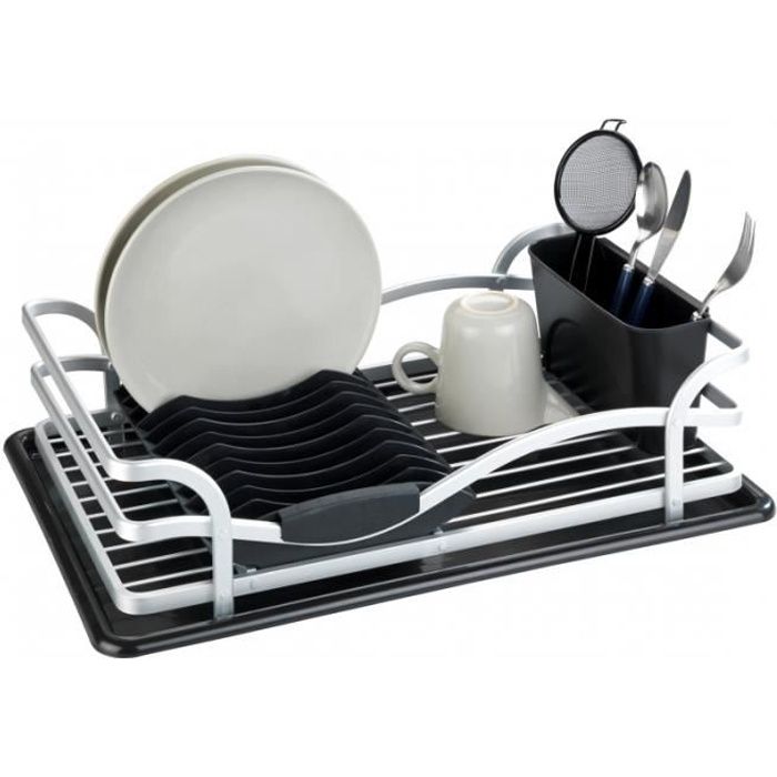 WENKO Egouttoir vaisselle inox, Egouttoir vaisselle cuisine avec plateau amovible, aluminium inox - plastique, argent mat - noir