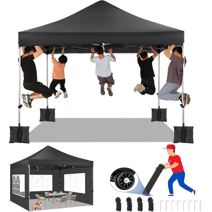 Tonnelle Pliante KANWOD 3x3m TORM - 9m² Avec 4 Parois Et 3 Fenêtres, Stable Pour Jardin Et Événements