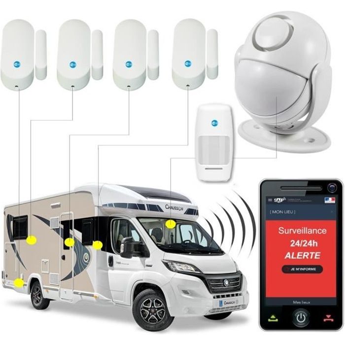 Alarme de Camping Car - WiFi – Sirène 125 DB Détecteur de Mouvement - 4 Détecteurs de Portes et fenêtres - 1 détecteur de Mouvement-