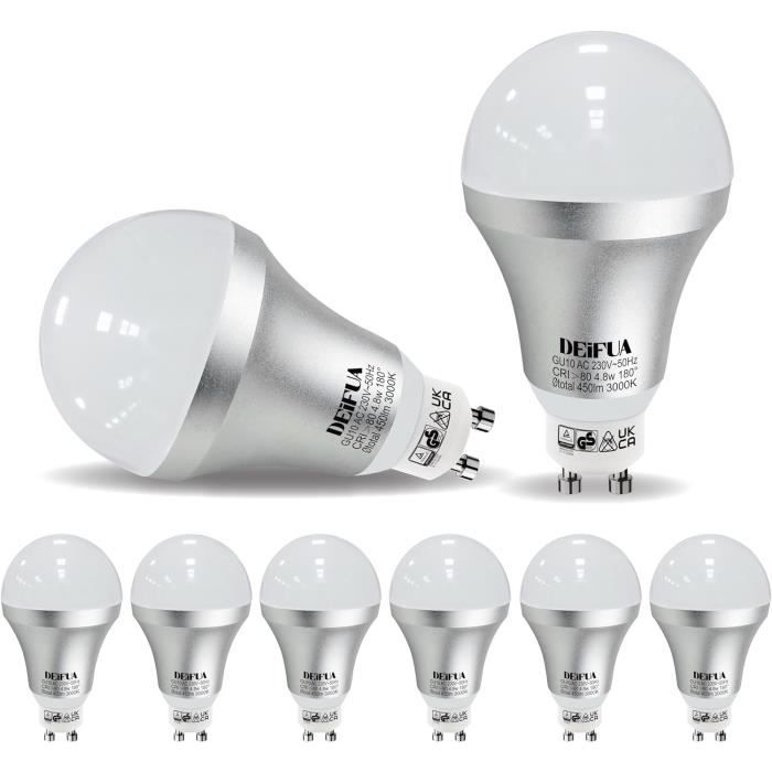 Ampoule Led Gu10 Blanc Chaud 450 Lumens 4.8W Équivalent 50W Halogène, Lot  De 6, Lampe A17 3000K Sans Scintillement, Faisceau [J2264]