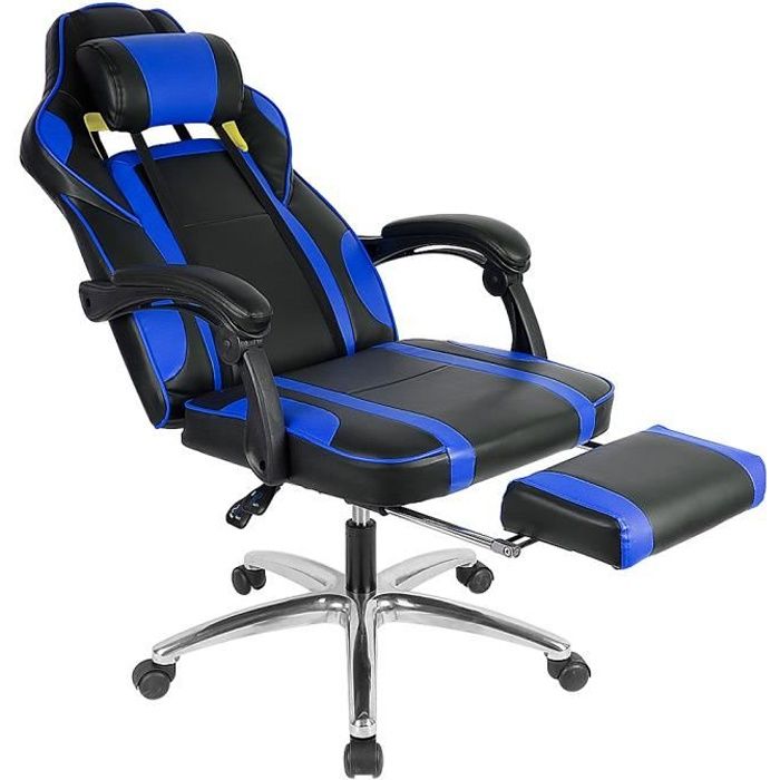 Fauteuil De Bureau Noir Et Bleu Chaise De Gaming Ergonomique Avec Repose Pied 50 55 115 125 Cm Achat Vente Chaise De Bureau Noir Cdiscount