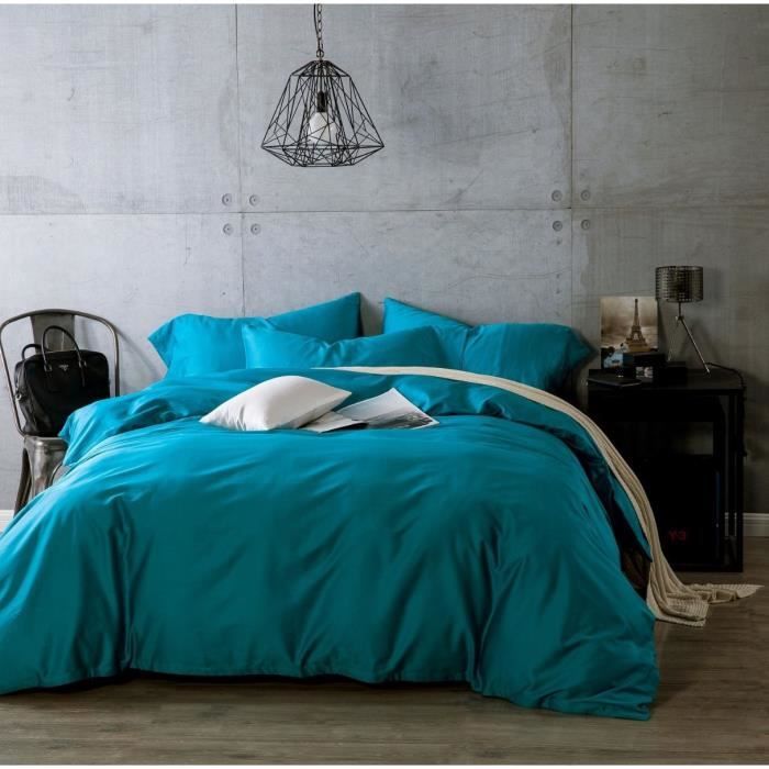 Turquoise Parure de Couette Coton Floral 220 x 240 cm