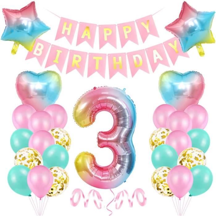 Kit De Ballons Anniversaire "3 Ans" Rose - 1 Ballon Chiffre 40", étoiles, Nœuds, Latex - Pour Fête Fille, Thème Rose, Baby Shower - 9