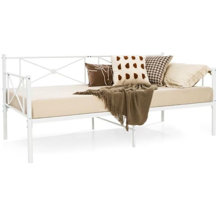 costway lit banquette moderne 2 en 1, 90 x 190 cm, canapé lit simple en métal avec 6 pieds robustes et rails latéraux chics, blanc