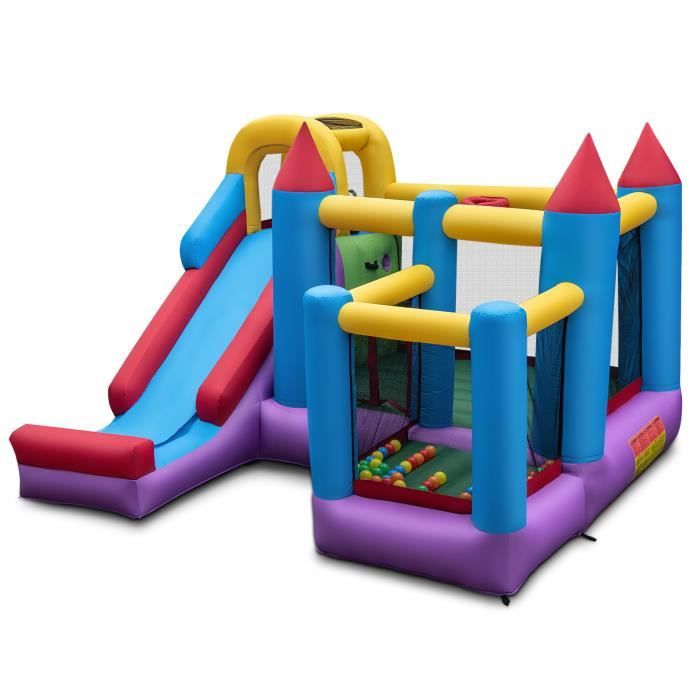 COSTWAY Château Gonflable 5 en 1 avec Toboggan,Zone de Saut,Piscine à