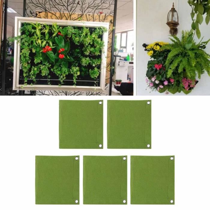 Lot De 5 Sacs De Culture Muraux En Feutre Vert - Jardin Vertical, 3 Poches, 59x22 Cm, Pour Balcon Et Intérieur