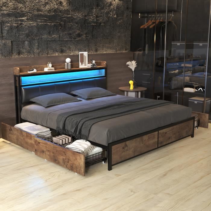bm lit double adulte en bois 180x200cm, étagère de rangement, avec 4 tiroirs, led, sommier à lattes, style industriel, noir + bois