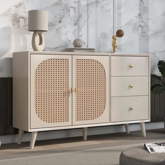 ModernLuxe Buffet avec 2 portes et 3 tiroirs - meuble en rotin - pour chambre - salon et bureau - 120x40x82cm - crème