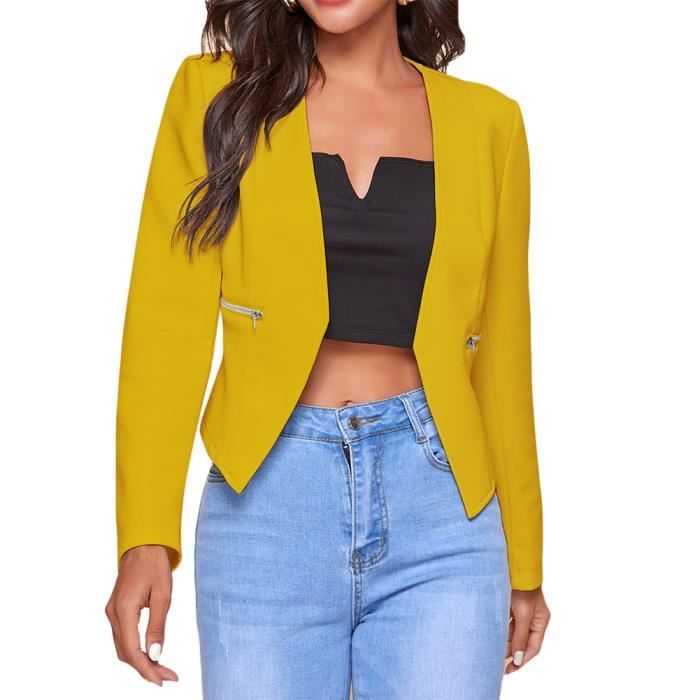 Femme Elegant Manches Longues Blazer Dames Coupe Ajustee Courte Blazer Decontracte Couleur Unie Veste Devant Ouvert Jaune Jaune Cdiscount Pret a Porter