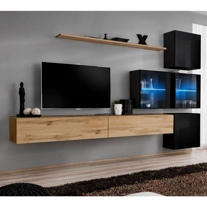meuble tv mural design switch xix 310cm naturel noir paris prix beige cdiscount maison