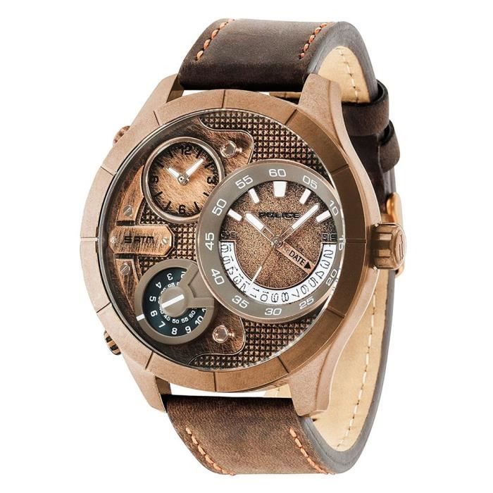 POLICE HOMME 52MM BRACELET CUIR MARRON QUARTZ ANALOGIQUE MONTRE