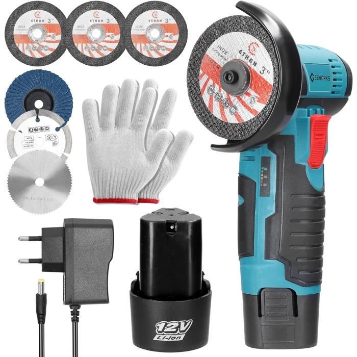 Mini Meuleuse D'angle Sans Fil 12V – 19500 Tr/min, 2 Batteries 4500 MAh, 7 Disques – Pour Couper, Meuler, Polir (bois, Métal, Carrelage)