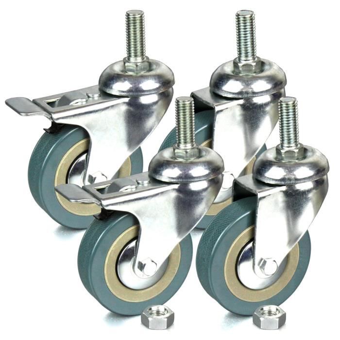 Roulette Pivotante 360° 75mm Avec Filetage M10 - Pour Charges Lourdes, En Acier, Couleur Grise