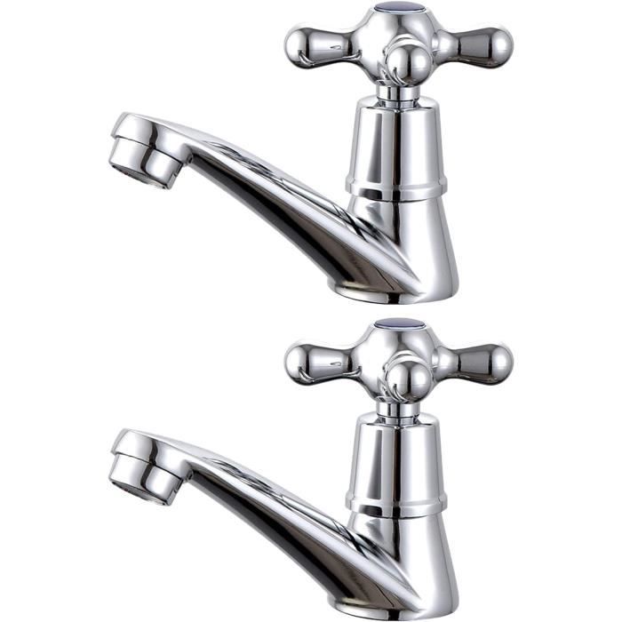 Paire De Mitigeurs Lavabo Rétro - Chromé Et Porcelaine Blanche - Acier Et Céramique - Occasion En Bon état