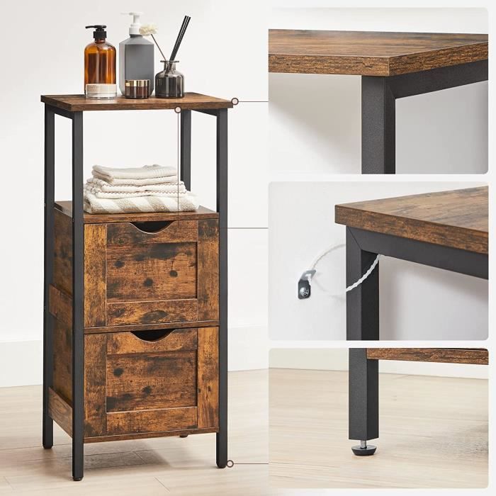Meuble Salle de Bain - VASAGLE - Rangement 2 Tiroirs - 37 x 30 x 80 cm - Marron Rustique et Noir Meuble Salle de Bain - VASAGLE - Rangement 2 Tiroirs - 37 x 30 x 80 cm - Marron Rustique et Noir