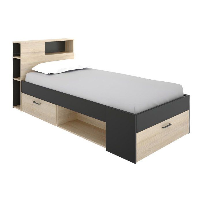 Lit avec tête de lit rangements et tiroir - 90 x 190 cm - Anthracite et naturel - LEANDRE