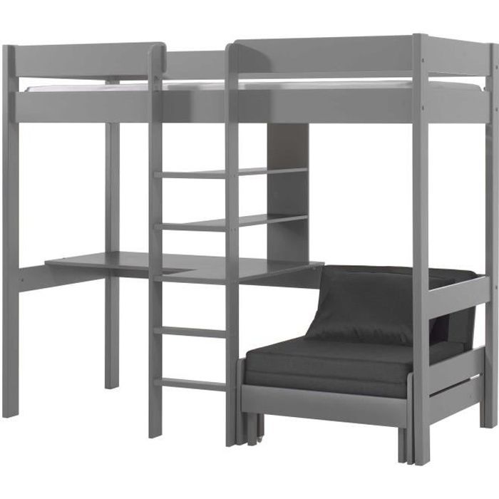 Lit mezzanine gris - VIPACK - Bureau et canapé-lit inclus - Bois massif - 208x175x206cm - Enfant