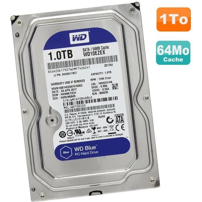 Western Digital - Disque Dur 500Go SATA 3.5 Western Digital Blue  WD5000AZLX-06U6AA0 7200RPM 32Mo - Disque Dur interne - Rue du Commerce