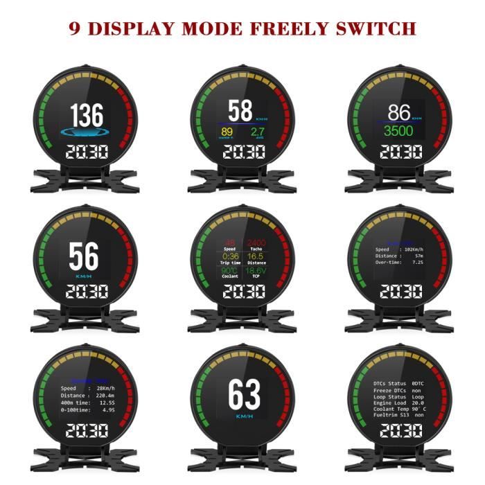AMHVMU P17 Affichage tête haute de voiture, OBD2 Affichage GPS Compteur de vitesse numérique MPH/KMH, avec tr/min, température de l'eau, volt, pression turbo, alarme de survitesse, jauge, ajustement
