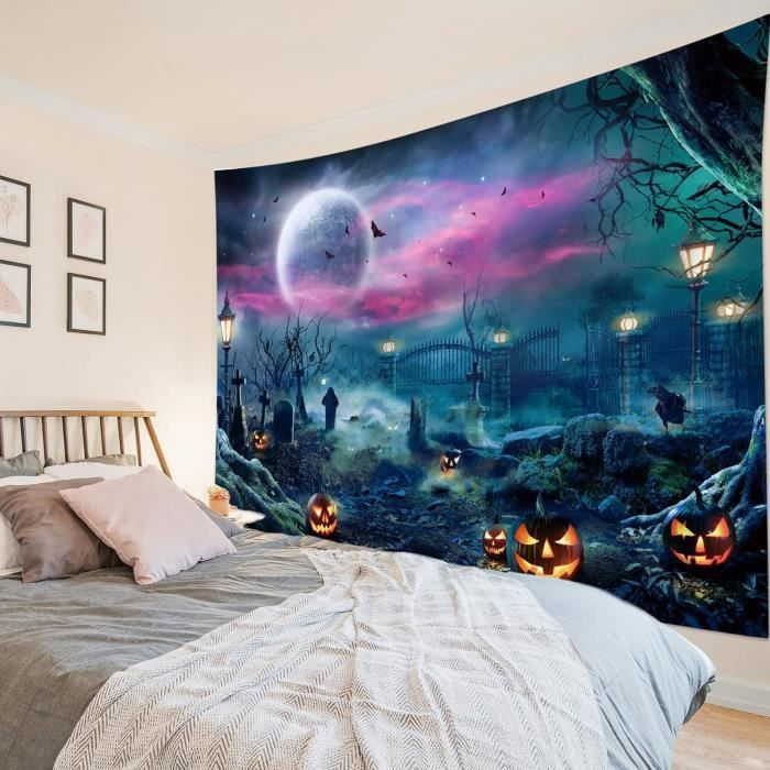 Toile De Fond Halloween Citrouille Effrayante Avec Cimetière Et Pleine Lune - Décoration Pour Fête D'enfants Ou Photo Thématique Sorcière - 2,1 X 1,5 M