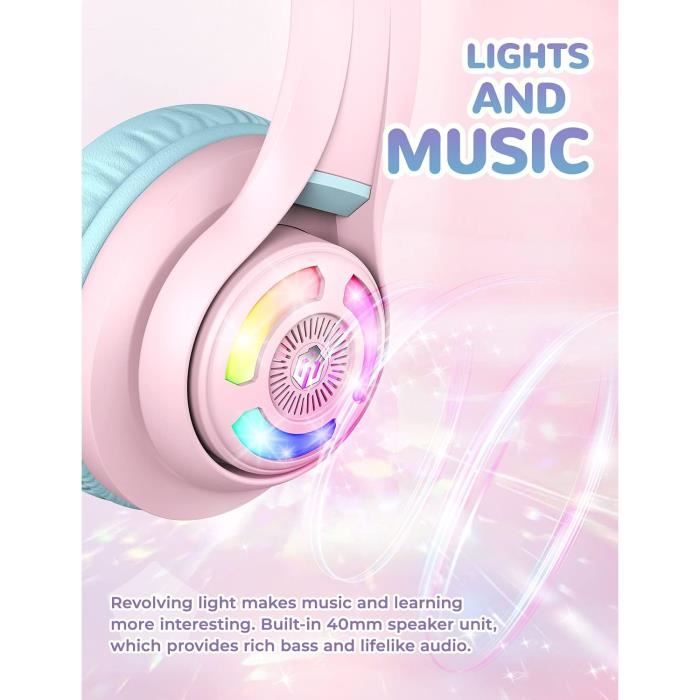 iClever Casque Audio Enfant, Oreilles de Chat Lumineuses LED