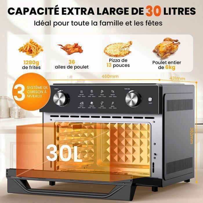 Four électrique 28L Convection 2000W, Réglage De La Température Jusqu
