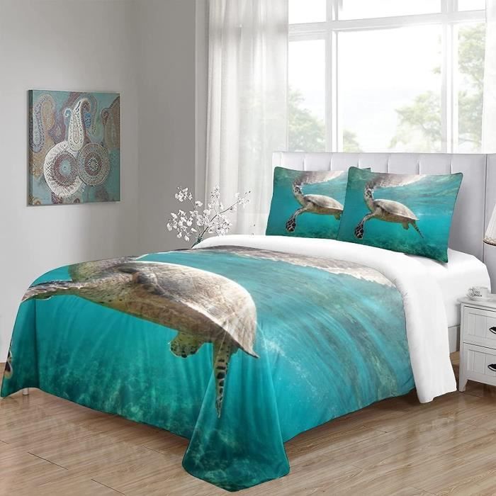 Drap Housse 140x190 + 2 Taies 65x65 - Motif Tortue De Mer | Microfibre Douce, Bonnet 30 Cm - 12