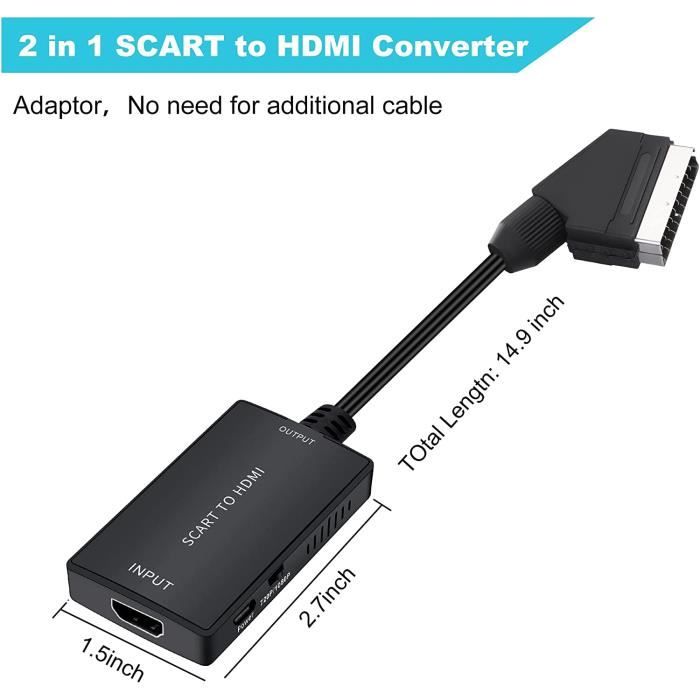 RXDF Convertisseur péritel vers HDMI avec câble HDMI, entrée péritel vers  HDMI, adaptateur péritel vers HDMI, prend en charge Full HD 720p/1080p,  convertisseur audio vidéo pour HDTV moniteur, projecteur, Xbox PS3, VHS
