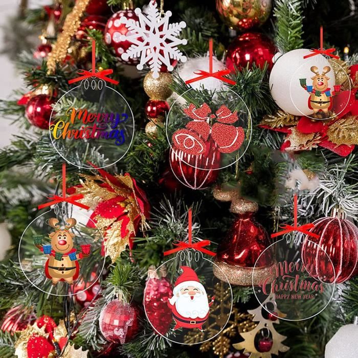 30 pcs Boules de Noël Rondes Feuille Acrylique Transparent avec Ruban,  Boules pour travaux manuels, Noël disques d'arbre (7,6 cm)
