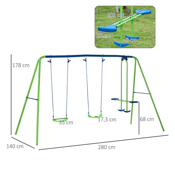 Outsunny Balançoire Portique Enfant 2-en-1 - 1 Siège + 1 Face-à-Face, 255x160x180 Cm, Charge 135 Kg, Vert Gris