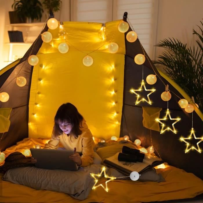 Lot De 2 éclairages étoiles LED Pour Fenêtre - 35 LEDs Blanc Chaud, Piles, Minuterie 6h/18h, Décoration Noël Intérieur/extérieur